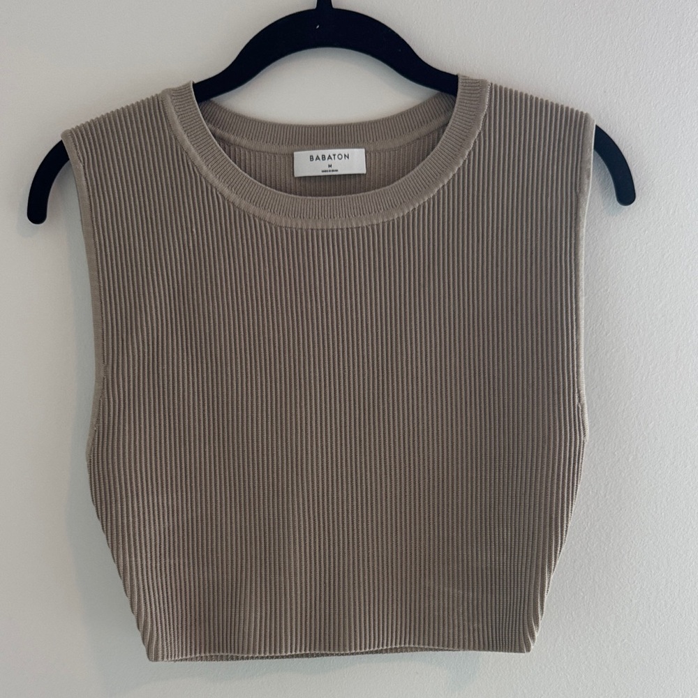 Babaton Ribbed Taupe Crewneck Sculpt Tank Top
